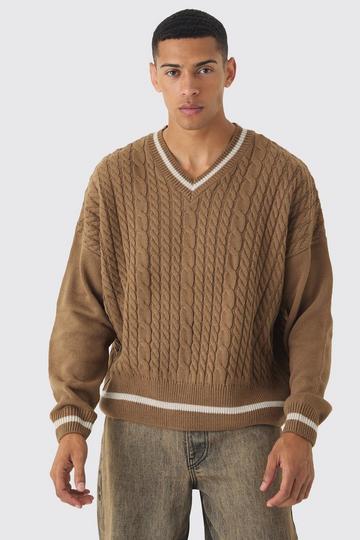 Oversized Boxy Cable Knit V Neck Sweater taupe