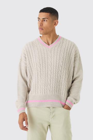 Stone Beige Oversized Boxy Cable Knit V Neck Sweater