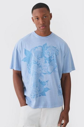 Gebleekt Boxy Oriëntaals T-Shirt Met Print blue