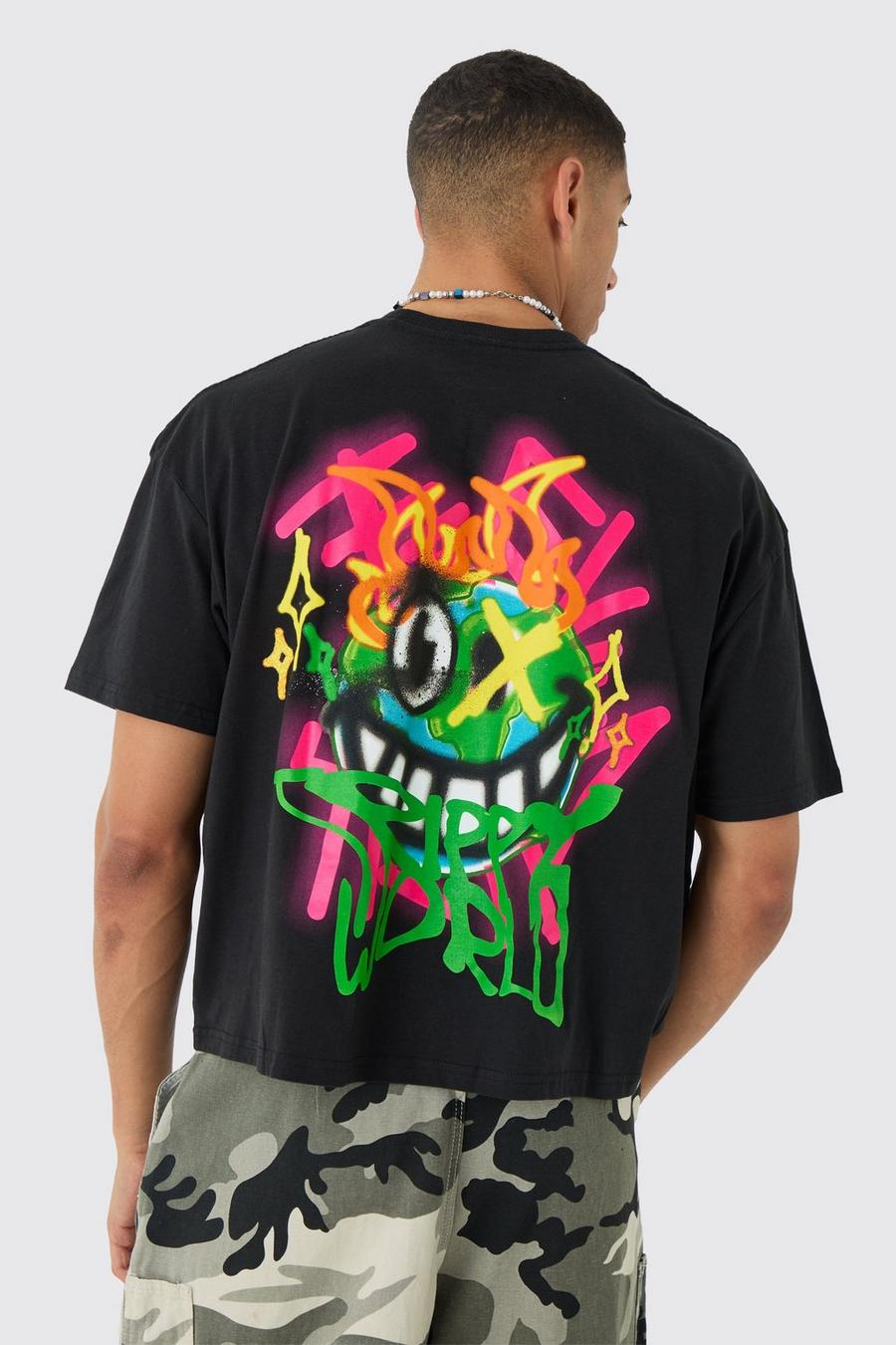 Black Oversized Boxy Extended Neck Trippy Graffiti Print T-shirt