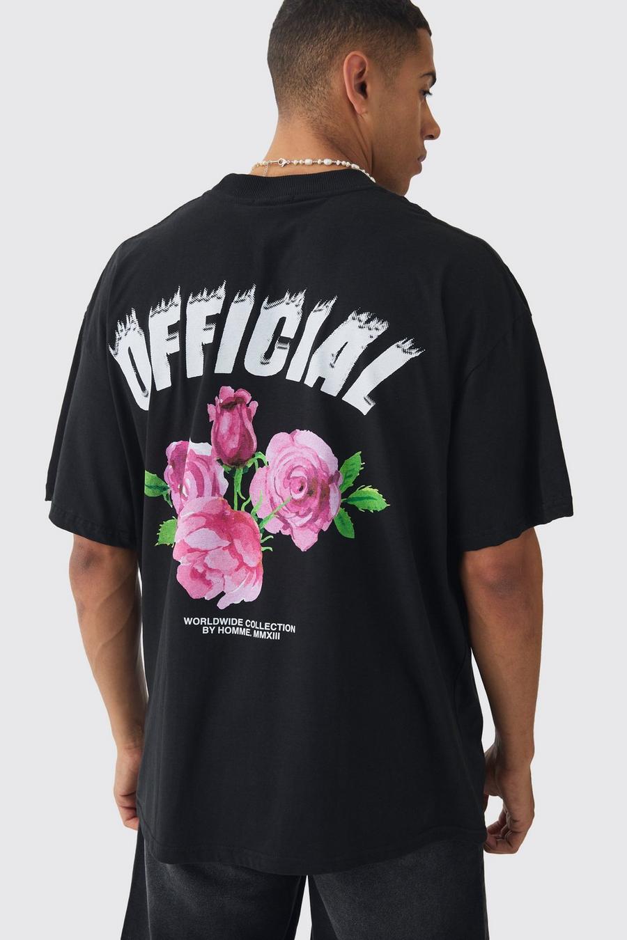 Black Oversized Extended Neck Floral Stencil Print T-shirt