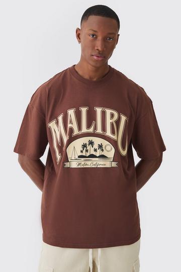 Oversized Extended Neck Malibu Print Wash T-shirt chocolate