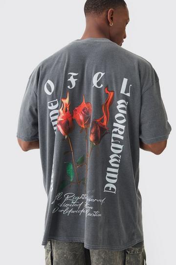 Oversized Extended Neck Flame Rose Print Washed T-shirt charcoal