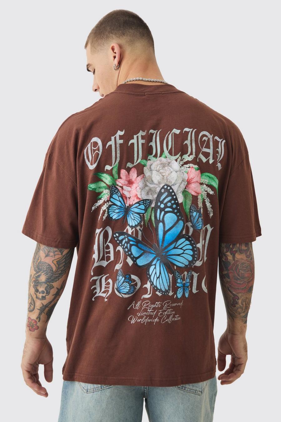 Chocolate Oversized Extended Neck Butterfly Print Washed T-shirt