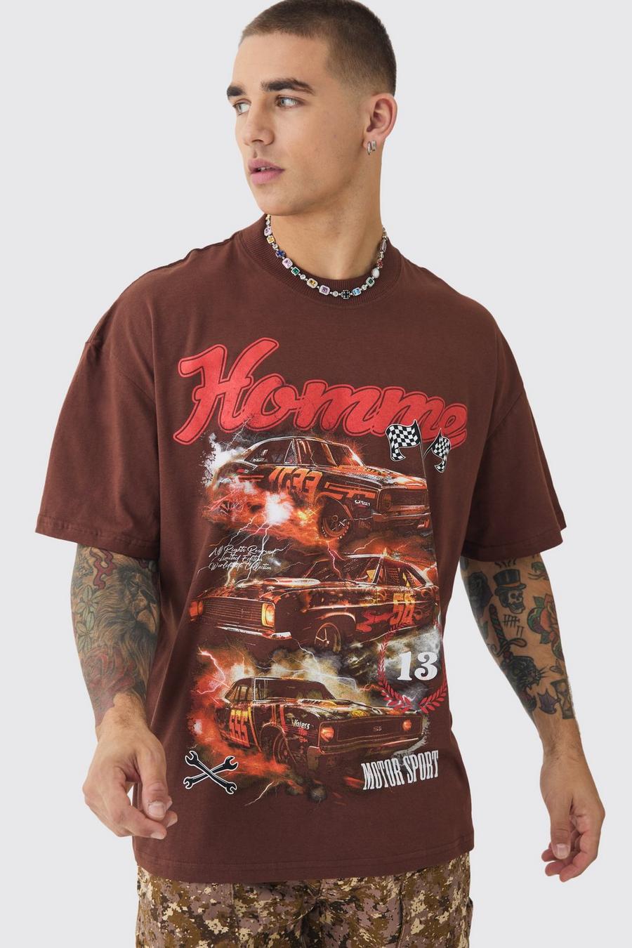 Chocolate Oversized Extended Neck Homme Car Graphic Wash T-shirt