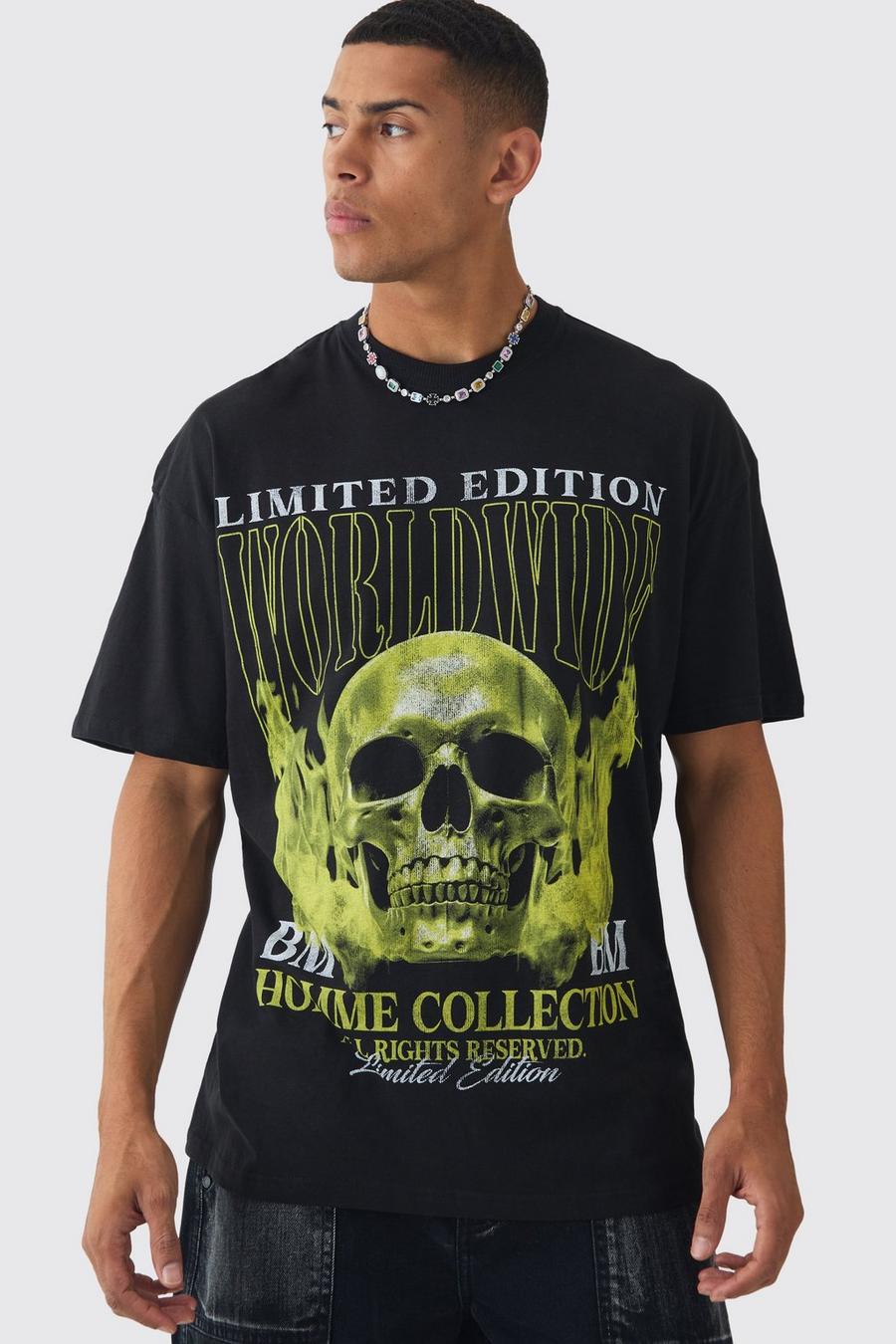 Black Oversized Worldwide Skull Print T-shirt