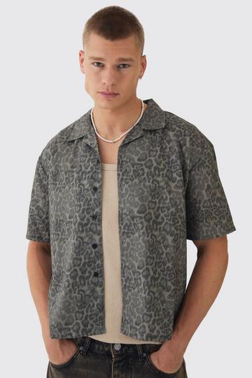 Oversized Leopard Print Revere Boxy Shirt stone