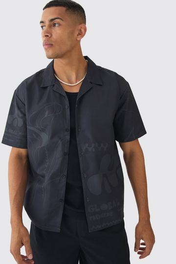 Oversized Lightweight Twill Abstract Print Revere Shirt black