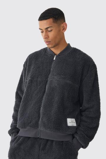 Oversized Boxy Woven Label Teddy Borg Bomber Jacket charcoal