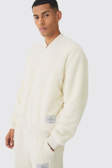 Ecru White Oversized Boxy Woven Label Teddy Borg Bomber Jacket