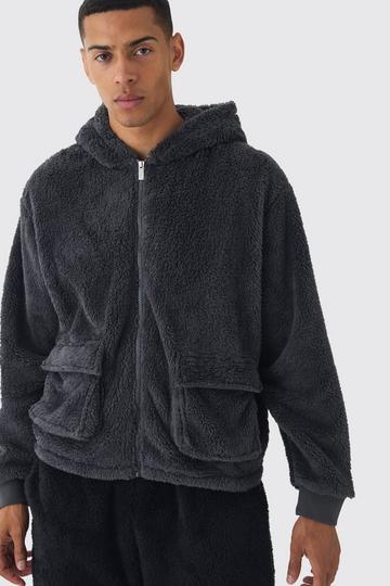 Oversized Boxy Cargo Pocket Zip Through Teddy Borg Hoodie charcoal