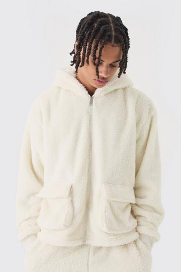 Oversized Boxy Cargo Pocket Zip Through Teddy Borg Hoodie ecru