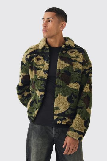 Khaki Jacquard Regular Fit Camo Borg Overshirt