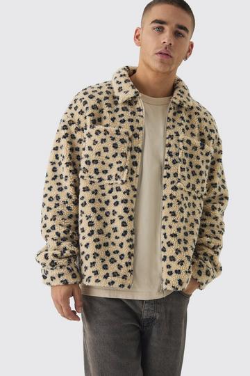 Oversized Leopard Print Borg Zip Overshirt stone