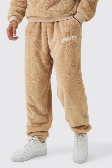 Stone Beige Oversized Limited Embroidered Teddy Borg Cuffed Joggers