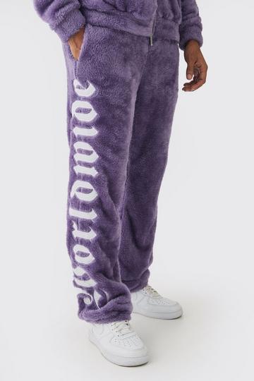 Regular Fit Worldwide Large Applique Teddy Borg Joggers purple