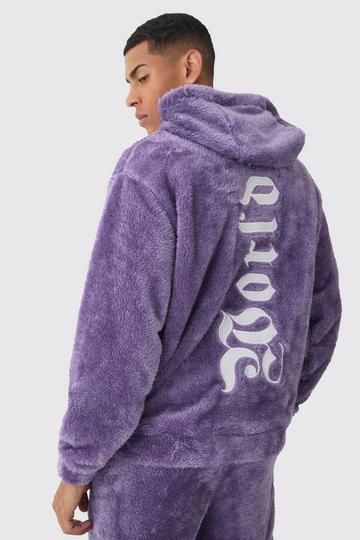 Purple Oversized Worldwide Large Applique Teddy Borg Hoodie