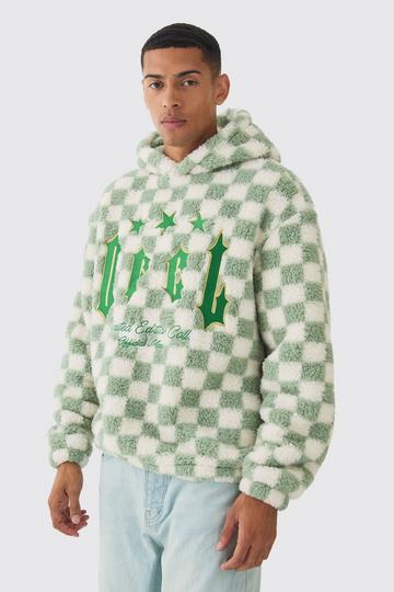 Oversized Ofcl Graphic Applique Checkerboard Teddy Borg Hoodie sage