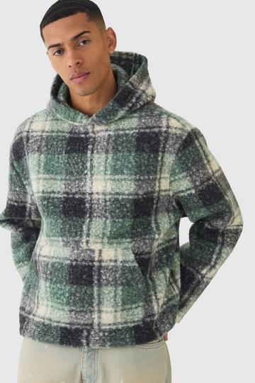 Oversized Boxy Check Boucle Borg Hoodie green