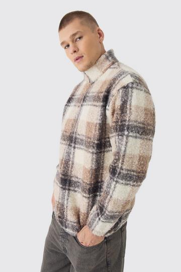 Oversized 1/4 Zip Check Boucle Borg Sweatshirt brown