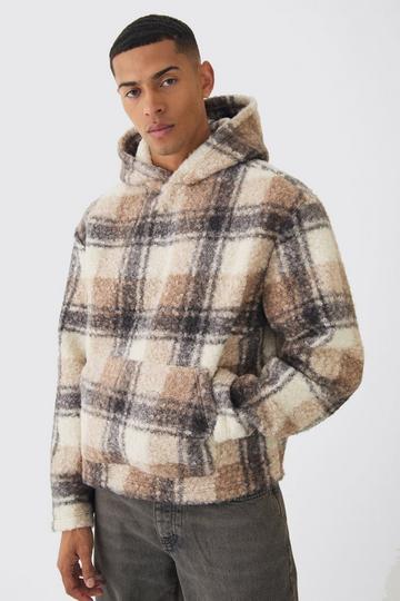 Oversized Boxy Check Boucle Borg Hoodie brown