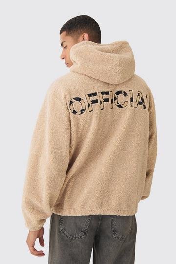 Oversized Boucle Borg Official Leopard Popper Neck Hoodie stone