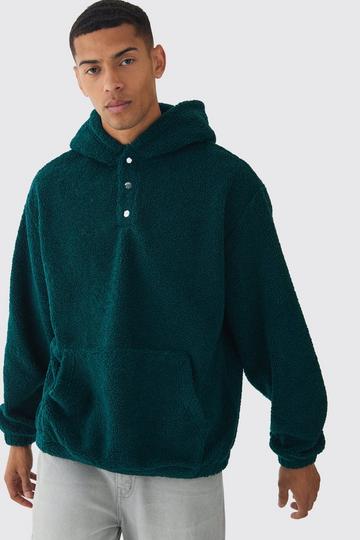 Oversized Boucle Borg Popper Neck Hoodie forest