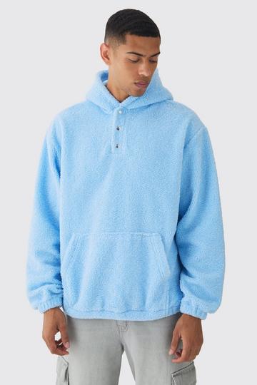 Oversized Boucle Borg Popper Neck Hoodie light blue