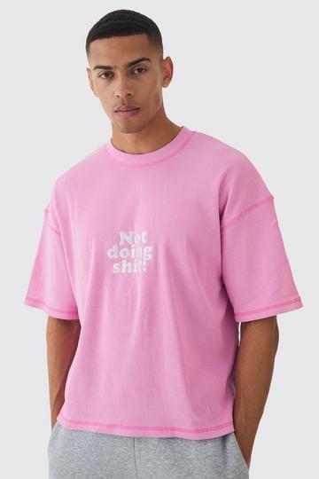 Oversized Boxy Acid Wash Ribbed Slogan T-shirt light pink