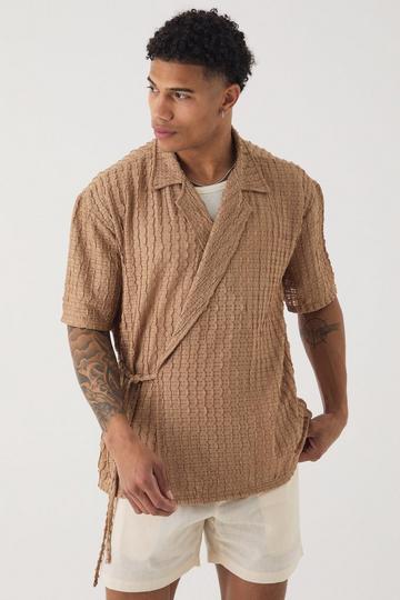 Oversized Textured Wrap Tie Half Sleeve Shirt stone