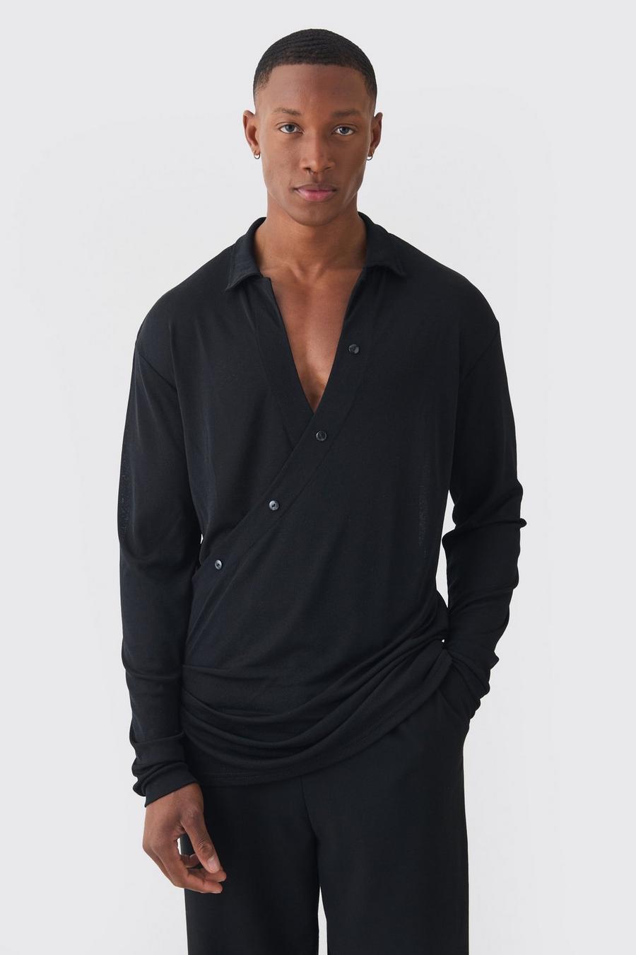 Black Oversized Wrap Long Sleeve Shirt image number 1