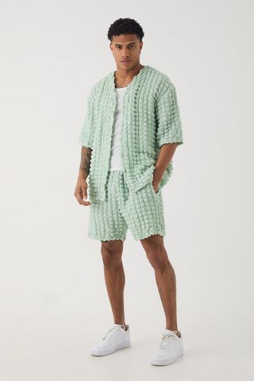 Oversized Popcorn Collarless Polo Shirt & Shorts Set sage