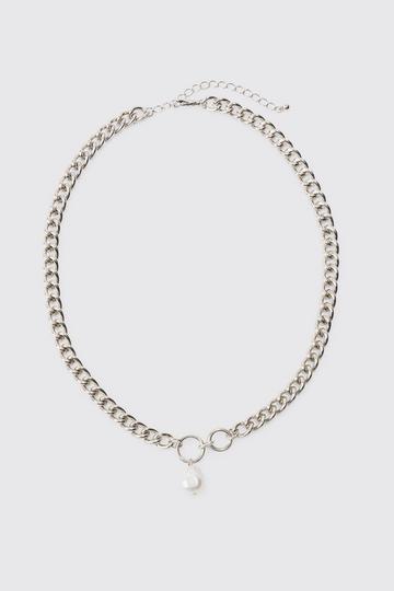 Chunky Chain Pearl Pendant Necklace silver