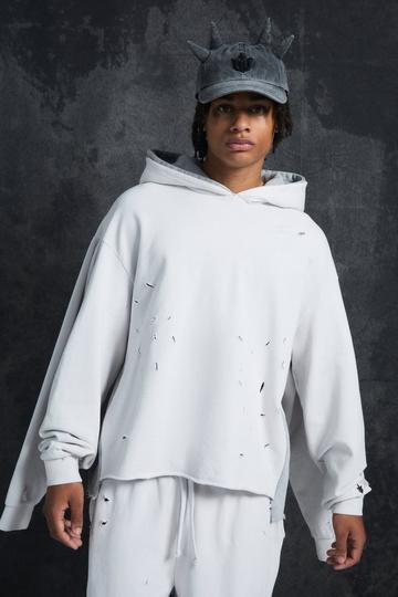 Ecru White Trippie Redd Oversized Boxy Heavy Washed & Distressed Hoodie