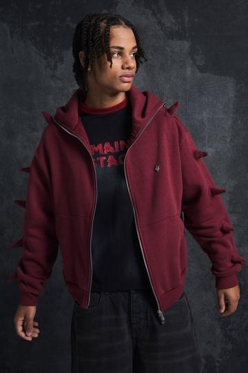 Trippie Redd Oversized Boxy Spike Full Zip Through Hoodie burgundy