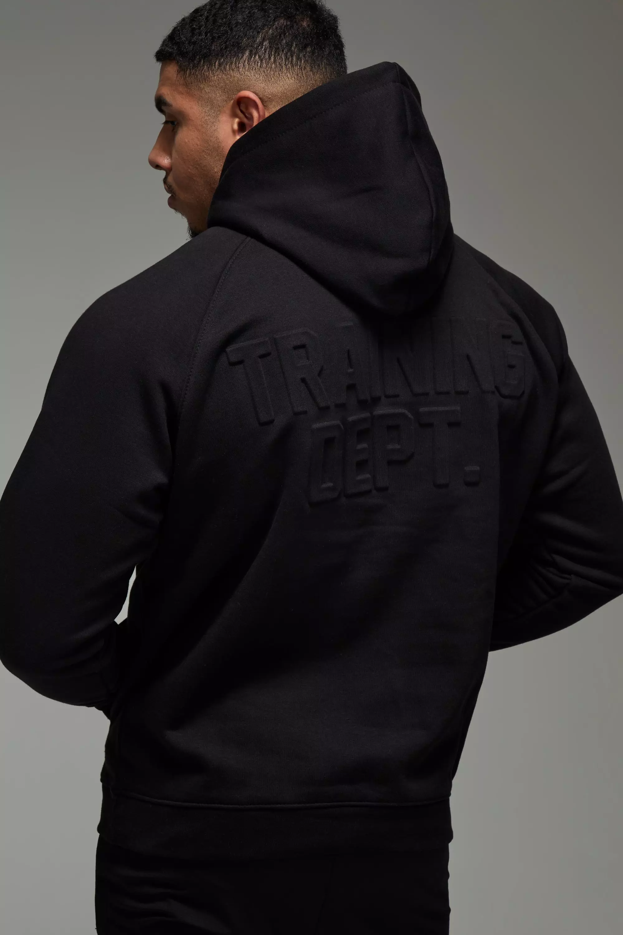 Black Man Active Training Dept Embossed Oversized Hoodie صورة بديلة