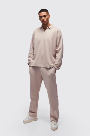 Stone Beige Oversized Half Sleeve Interlock Rugby Polo And Sweatpant Set