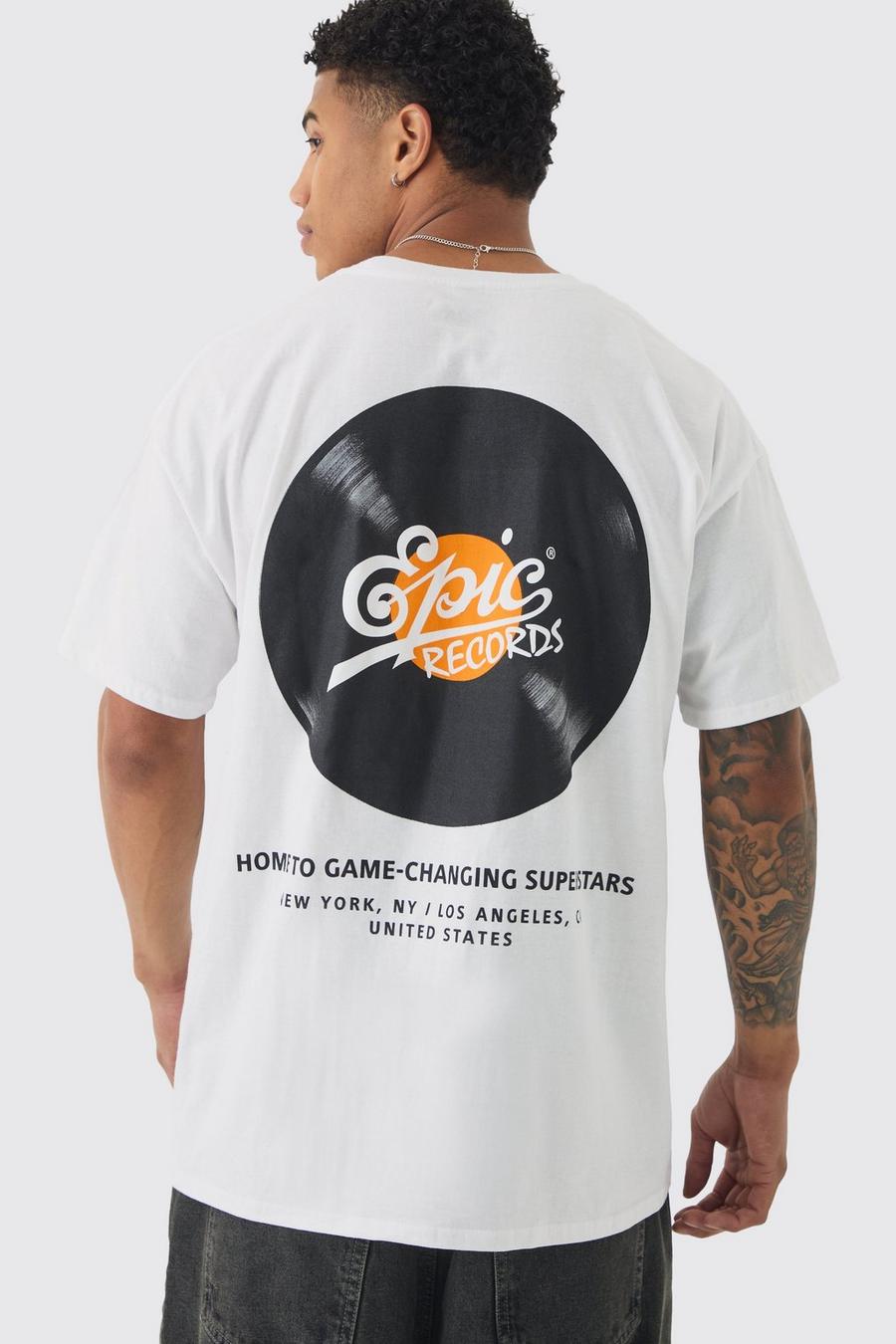 White Oversized Epic Records License Print T-shirt  image number 1