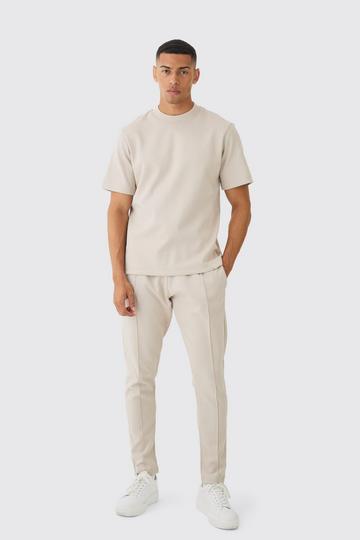 Stone Beige Regular Interlock T-Shirt And Sweatpant Set