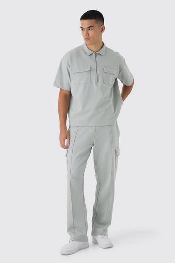 Oversized Interlock Half Zip Cargo Polo And Sweatpant Set grey