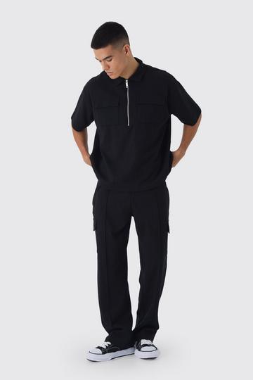 Black Oversized Interlock Half Zip Cargo Polo And Sweatpant Set