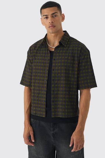 Khaki Short Sleeve Crinkle Checked Oversized Shirt