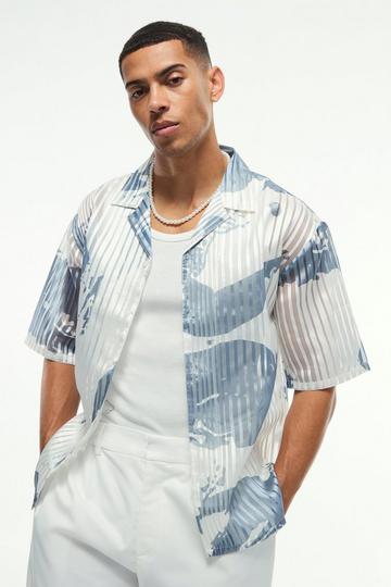 Oversized Mesh Pleated Printed Revere Boxy Shirt stone