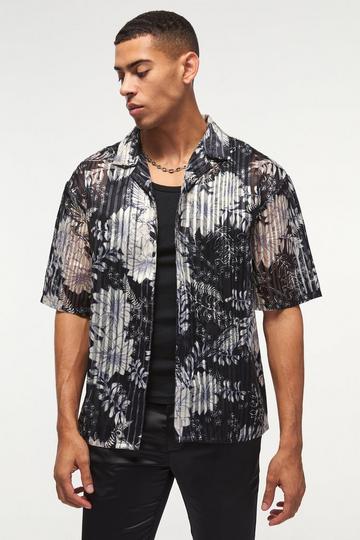 Oversized Mesh Pleated Printed Revere Shirt black