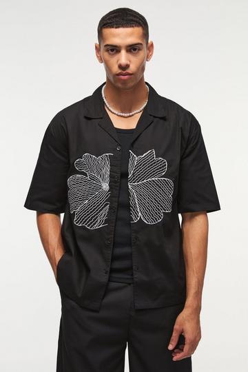 Oversized Revere Floral Embroidered Shirt black