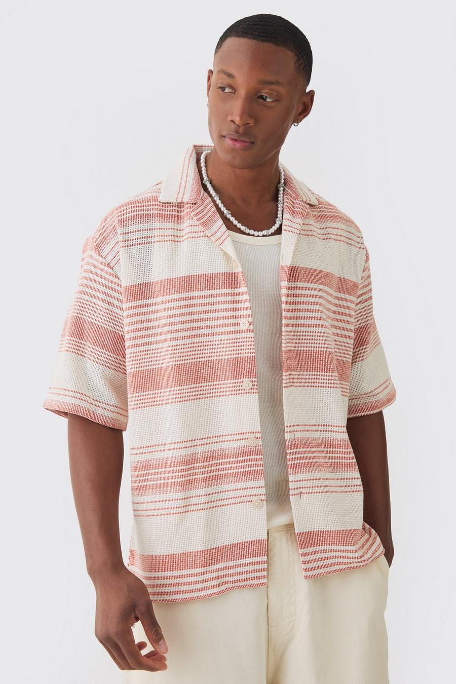 Orange Oversized Revere Short  Sleeve Stripe Shirt image number 1