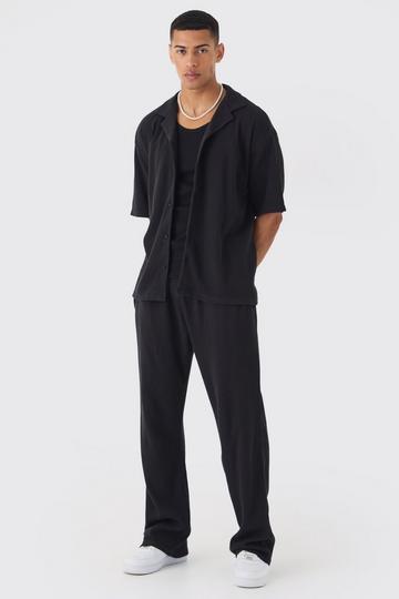 Oversized Waffle Shirt & Relaxed Sweatpant Set black