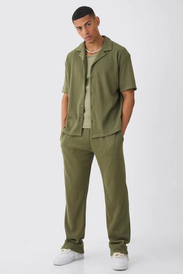 Khaki Oversized Waffle Shirt & Relaxed Sweatpant Set