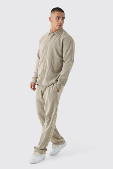 Oversized Two-tone Zip Ribbed Jersey Shirt & Straight Jogger Set stone