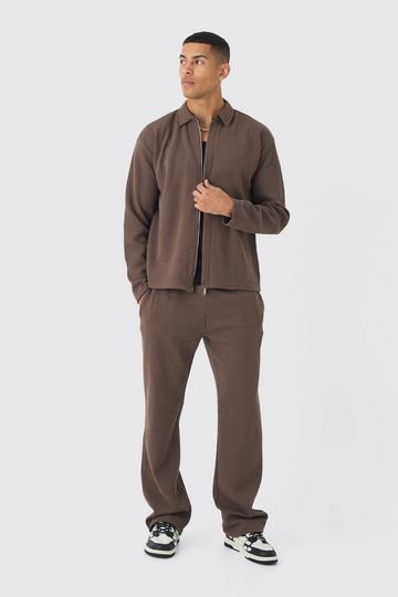 Oversized Two-tone Zip Ribbed Jersey Shirt & Straight Jogger Set coffee